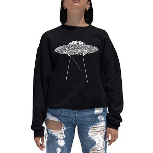 LA Pop Art Women's Word Art Crewneck Sweatshirt - Flying Saucer UFO - 1 of 4