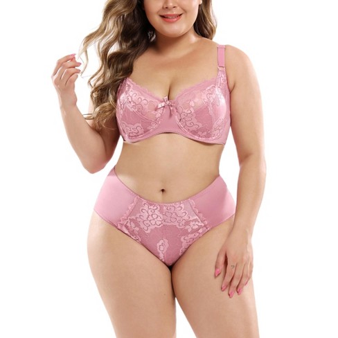 Agnes Orinda Women's Plus Size Underwire Lace Push-Up Adjustable Straps Bra  and Panty Set Pink 44E