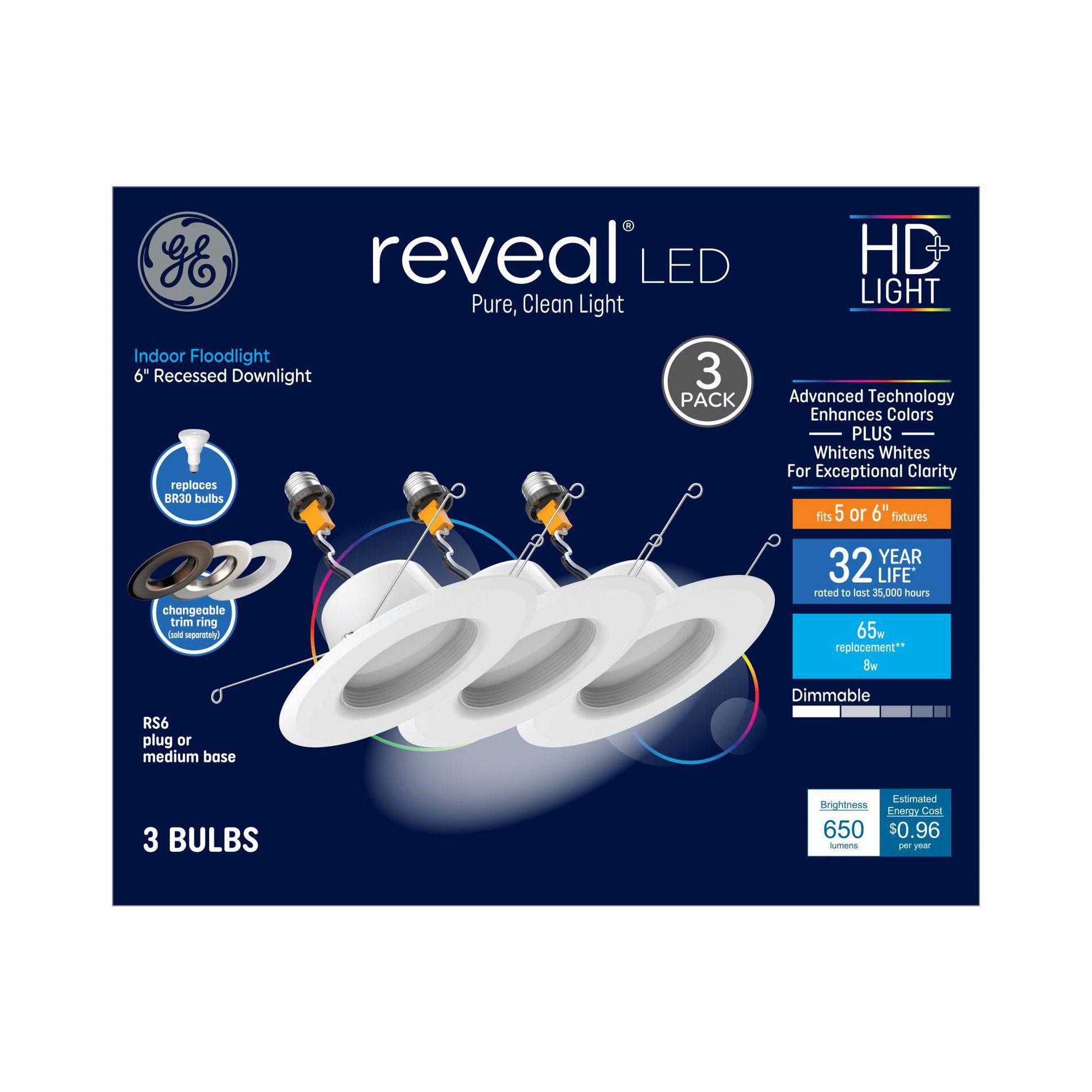 GE 3pk RS6 Recessed Can Reveal 65W Light Bulb