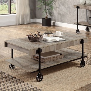 Industrial Style 1pc Coffee Table Open Bottom Shelf Replicate Wood Wheel Legs Slat Design Natural Tone And Black Finish - 1 of 1