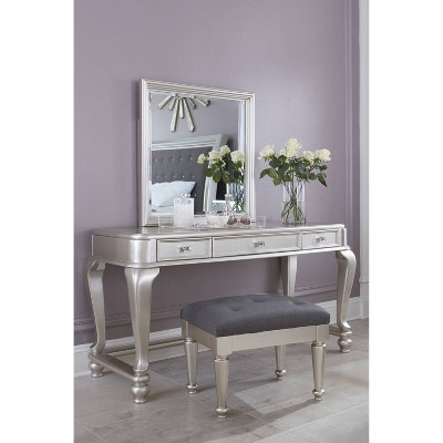 Silver Tufted Upholstered Vanity Stool with Hardwood Frame