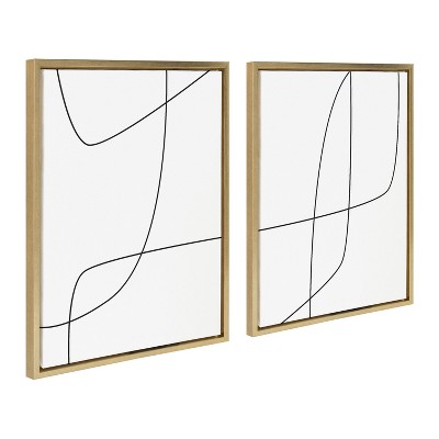 Modern Black and White Abstract Canvas Art with Gold Frame, 18x24, Set of 2