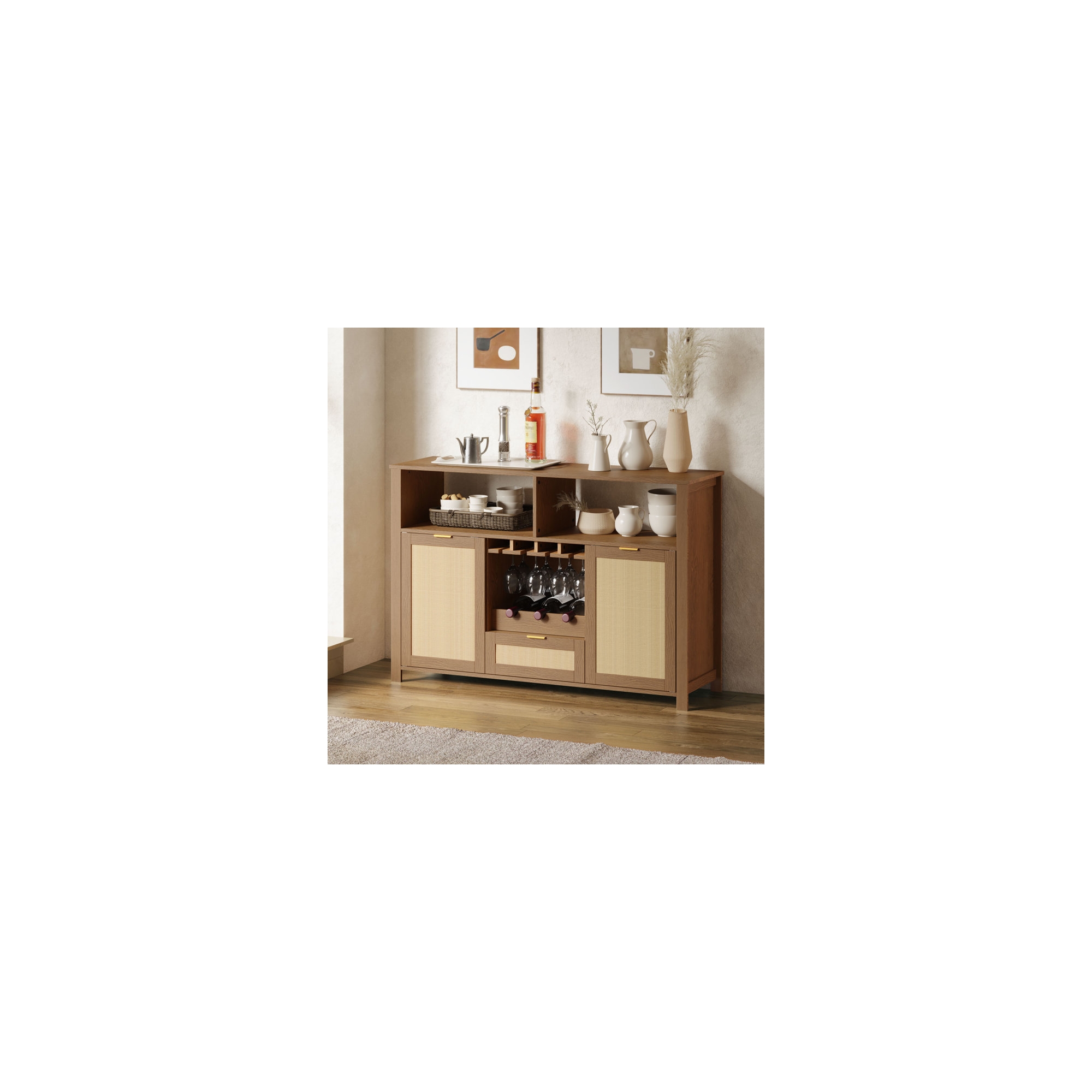 EROMMY Bay Isle Home™ Bar Cabinet With 2 Rattan Doors, Wine Racks And Drawers For Dining Room And Living Room