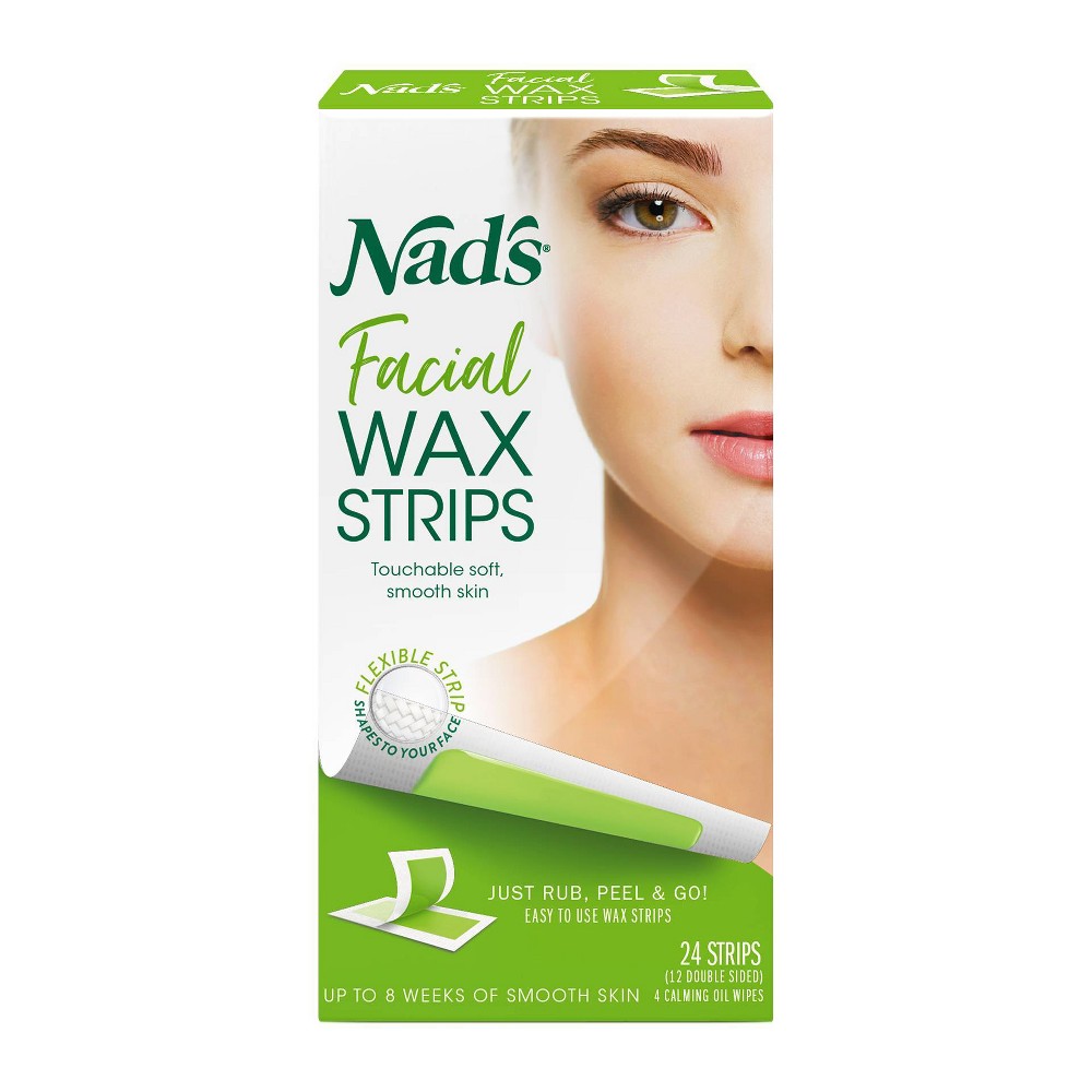 Nad's Facial Wax Strips - 24ct Nad's Facial Wax Strips make at-home facial hair removal easy and convenient. These hypoallergenic strips are ready to use—just rub, peel and go to remove hair from delicate facial areas, like upper lip and chin hair. The soft, flexible strip shapes to your facial curves to target all angles, while the wax formula with soothing shea butter gently and easily removes short hair by the root for long-lasting smooth skin. Use the Post-Calming Oil Wipes to remove excess wax and soothe freshly-waxed skin.