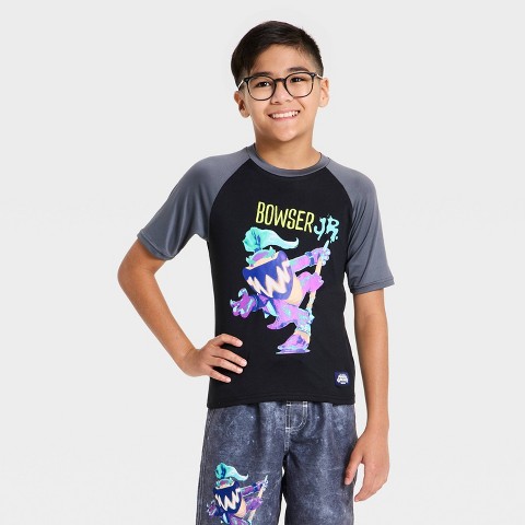 Nintendo Boys' Nintendo Super Mario Brothers Bowser Short Sleeve Rash Guard Top - Charcoal Gray/Black XS