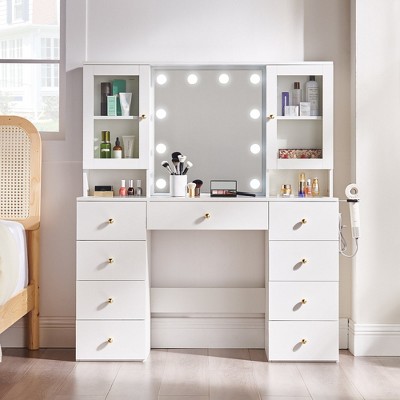 Glass Top 47" Make Up Vanity Desk with Storage, Mirror, Lights and Outlet