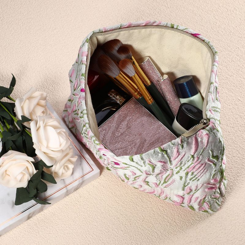 Unique Bargains Travel Zipper-Closure Floral Canvas Makeup Bag Peach Pink 1 Pc, 3 of 8