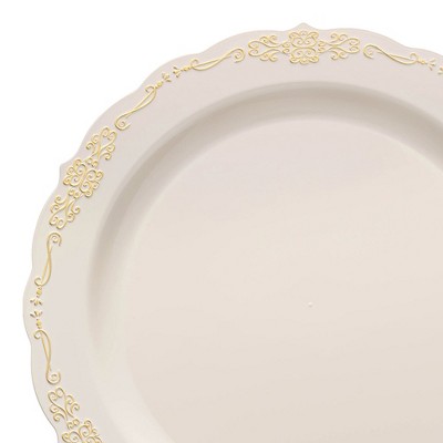 Smarty Had A Party 10" Ivory w/ Gold Vintage Rim Plastic Dinner Plates - 120 pcs