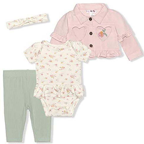 Nannette Girl s 4 Pack Coordinates Babys Bodysuit Creeper Jacket And Pants With Headband Set Light Pink White Sage Green Size 18m Target