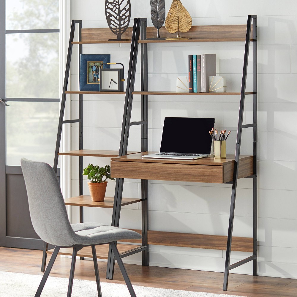 Photos - Office Desk 2pc Denton Ladder Desk and Shelf Walnut/Black - Buylateral: Leaning Shelf