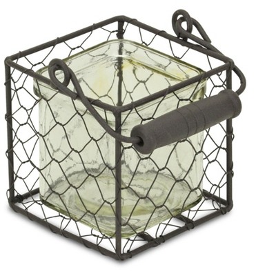 Cheung's Teska Square Glass Jar in Brown Wire Basket - Small