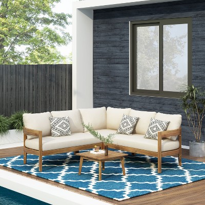 Teak Acacia Wood 5-Seater Outdoor Sectional Sofa with Beige Cushions