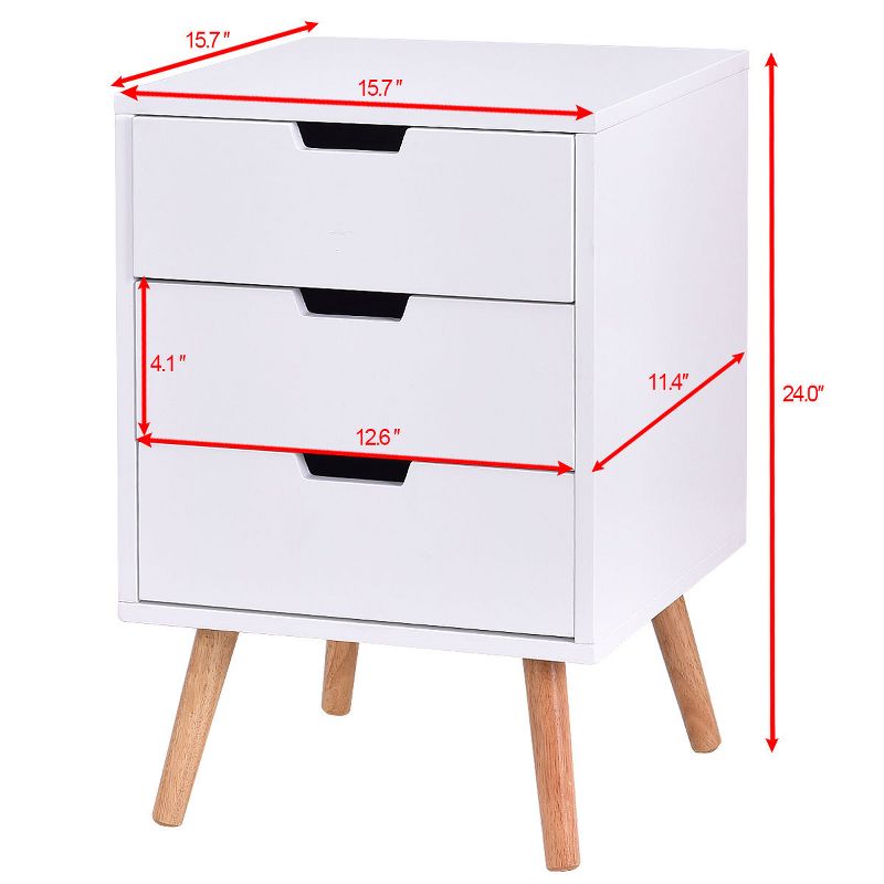 Costway White Side End Table Nightstand w/ 3 Drawers Mid-Century Accent Wood Furniture, 4 of 8