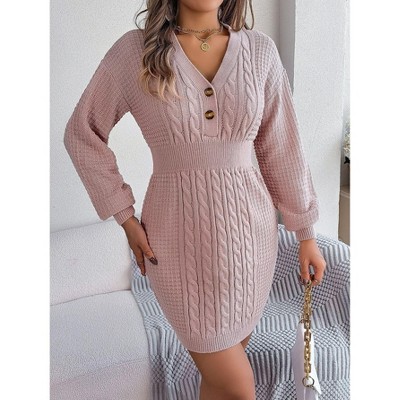 Coolmee Womens Fall Winter Mini Dress Ribbed Knit Sweater Dress Casual Long Sleeve Sexy V Neck Bodycon Short Dress