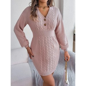 Coolmee Womens Fall Winter Mini Dress Ribbed Knit Sweater Dress Casual Long Sleeve Sexy V Neck Bodycon Short Dress - 1 of 4