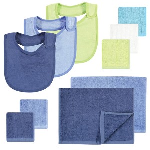 Hudson Baby Infant Boy Rayon from Bamboo Bib, Burp Cloth and Washcloth 10Pk, Blue Lime, One Size - 1 of 4