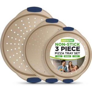 NutriChef 3pc Pizza Tray Set Non-stick Round Steel with Silicone Handle - 1 of 4