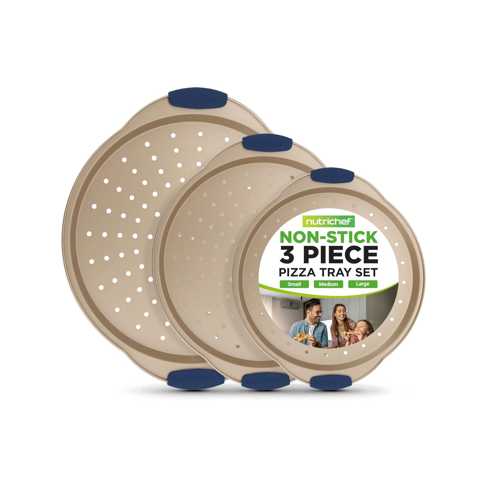 NutriChef 3pc Pizza Tray Set Non-stick Round Steel with Silicone Handle - Gold Coating