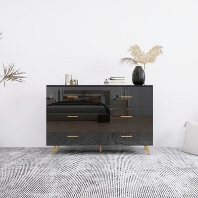 6 Drawers Dresser, Vanity Table With Golden Handle And Steel Legs Makeup Vanity, High Glossy Surface Drawer Cabinet