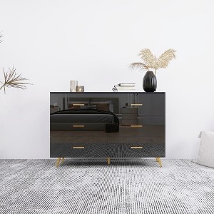6 Drawers Dresser, Vanity Table With Golden Handle And Steel Legs Makeup Vanity, High Glossy Surface Drawer Cabinet - 1 of 4