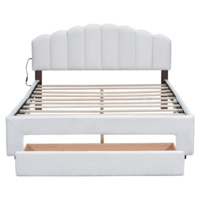 Gray Teddy Fleece Queen Size Upholstered Platform Bed Featuring a Drawer
