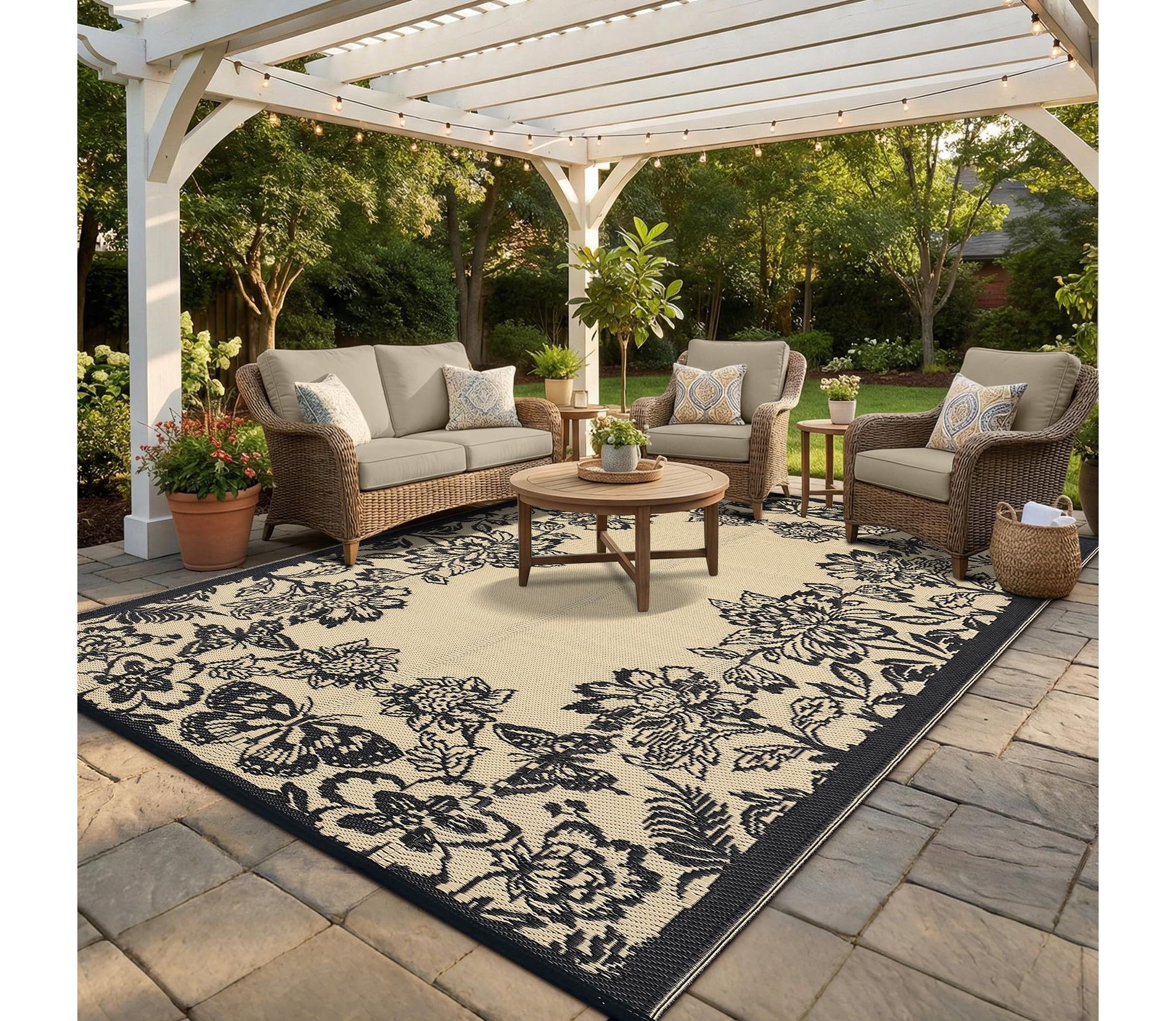 8x10 Ft Outdoor Rug Waterproof, Reversible Plastic Straw Patio Rug, Butterfly Floral Pattern Quick Dry Floor Carpet for Garden Picnic Beach, Black