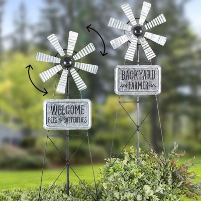 Rustic Metal Farm Wind Spinner Stake with Welcome Sign