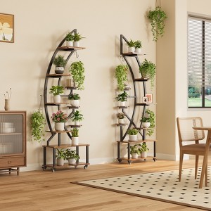 2 pcs 6 Tier Metal Plant Stand Indoor with Growing Light, Half Moon Shape Plant Shelf & Detachable Wheels, Curved Ladder Flower Pot Stand Rack - 1 of 4