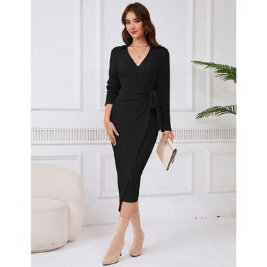Coolmee Women Business Casual Lapel V Neck Long Sleeve Ribbed Knit Irregular Hem Waist Tie Trendy Slit Wrap Midi Dress Black XL
