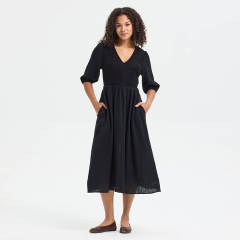 Женские платья Universal Thread Women's Puff Elbow Sleeve Embroidered Midi Dress - Universal Thread™ Black S