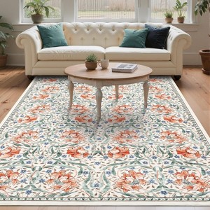 Acekool Floral Washable Rugs - Vintage Botanical Print Area Rug - 1 of 4