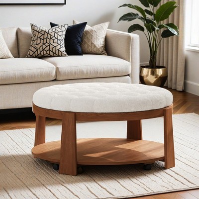 Modern Large Round Ottoman Coffee Table 2-Tier Oversized Button Tufted Ottoman with Wood Shelf Storage Upholstered Coffee Table - Leovsnove