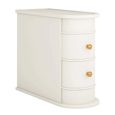 Off-White Round Wood Nightstand with Gold Handles and Storage