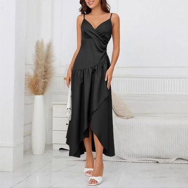 spaghetti strap asymmetrical dress YESFASHION Women Wrap Ruched Asymmetric Ruffle Hem Solid Midi Slip Dress,S,Black mini Vintage 90s Floral Dress Size:14W neck Embellishment