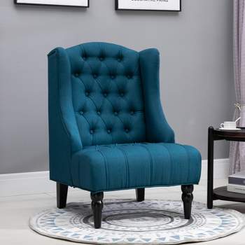 HOMCOM Button-Tufted Accent Chair with High Wing Back, Rounded Cushioned  Armrests and Thick Padded Seat, Blue
