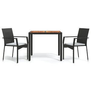 vidaXL 3 Piece Garden Lounge Set in Black Poly Rattan with Cushions - Patio Furniture Set with Acacia Wood Tabletop - Outdoor Dining Set - 1 of 4