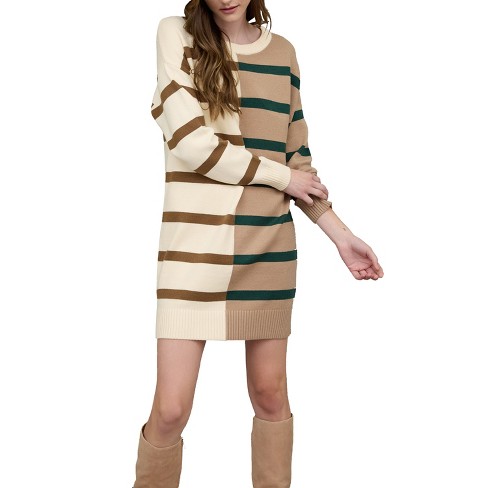 August Sky Women's Stripe Colorblock Long Sleeve Mini Sweater Dress - image 1 of 4