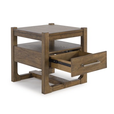 Light Brown Square Wood End Table with Storage Drawer