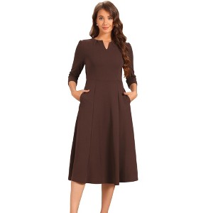 INSPIRE CHIC Women's Elegant Split Neck Side Zipper Pockets 3/4 Sleeve Work A-Line Dress - 1 of 4