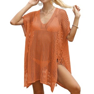 Clearlove Women's Plus Size Crochet Bikini Coverup Summer Short Sleeve V Neck Bikini Beach Dress - 1 of 4