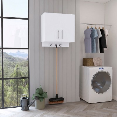 Vynxaria Modern Wall Storage Cabinet, 2 Doors, Broom Hangers, White