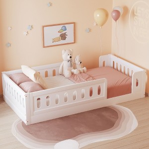 Twin Size Wood Platform Bed with Guardrail for Bedroom - 1 of 4