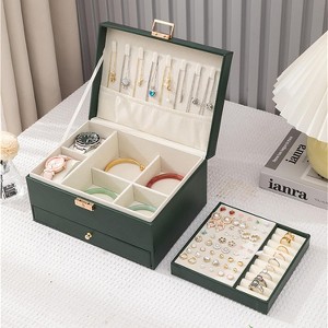 3-Layer Leather Jewelry Organizer Box, Large Storage Case for Earrings, Rings, Necklaces & Watches, Olive Green - 1 of 4