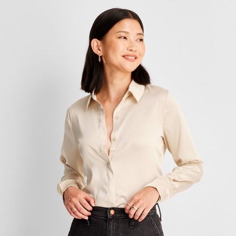 Women's Long Sleeve Button-front Shirt - A New Day™ Cream Xl : Target