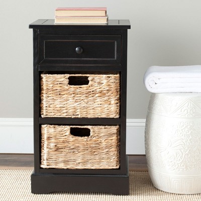 Distressed Black Pine Side Table with Wicker Storage