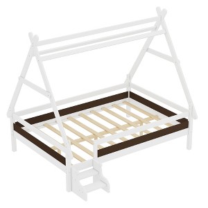 KWPZQEB Twin/Full Size Platform Bed, Montessori Wooden Bed Frame with House Design, Fence & Built-in Stairs, Low Profile Floor Bed for Kids - 1 of 4