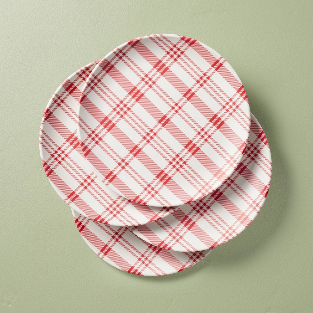 4pk 10.5" Plaid Melamine Christmas Dinner Plates Red/Cream - Hearth & Hand™ with Magnolia
