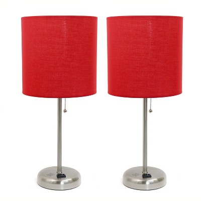 Simple Designs 2pk Sleek Slender Brushed Steel Table Lamp Red Shade