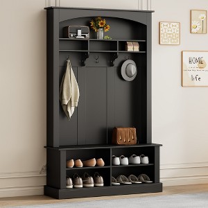 TIRAMISUBEST Living Room Hall Tree with Bench and Shoe Rack, Multi-functional Storage Bench with 3 Hooks - 1 of 4