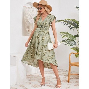 Coolmee Women's Maternity V Neck Ruffle Short Sleeve Wrap Dress Casual Flowy Nursing Breastfeeding Midi Dress with Belted - 1 of 4